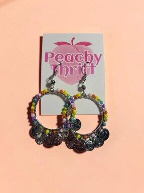 Rainbow Beaded Hoop Dangles with Silver Coin Drops